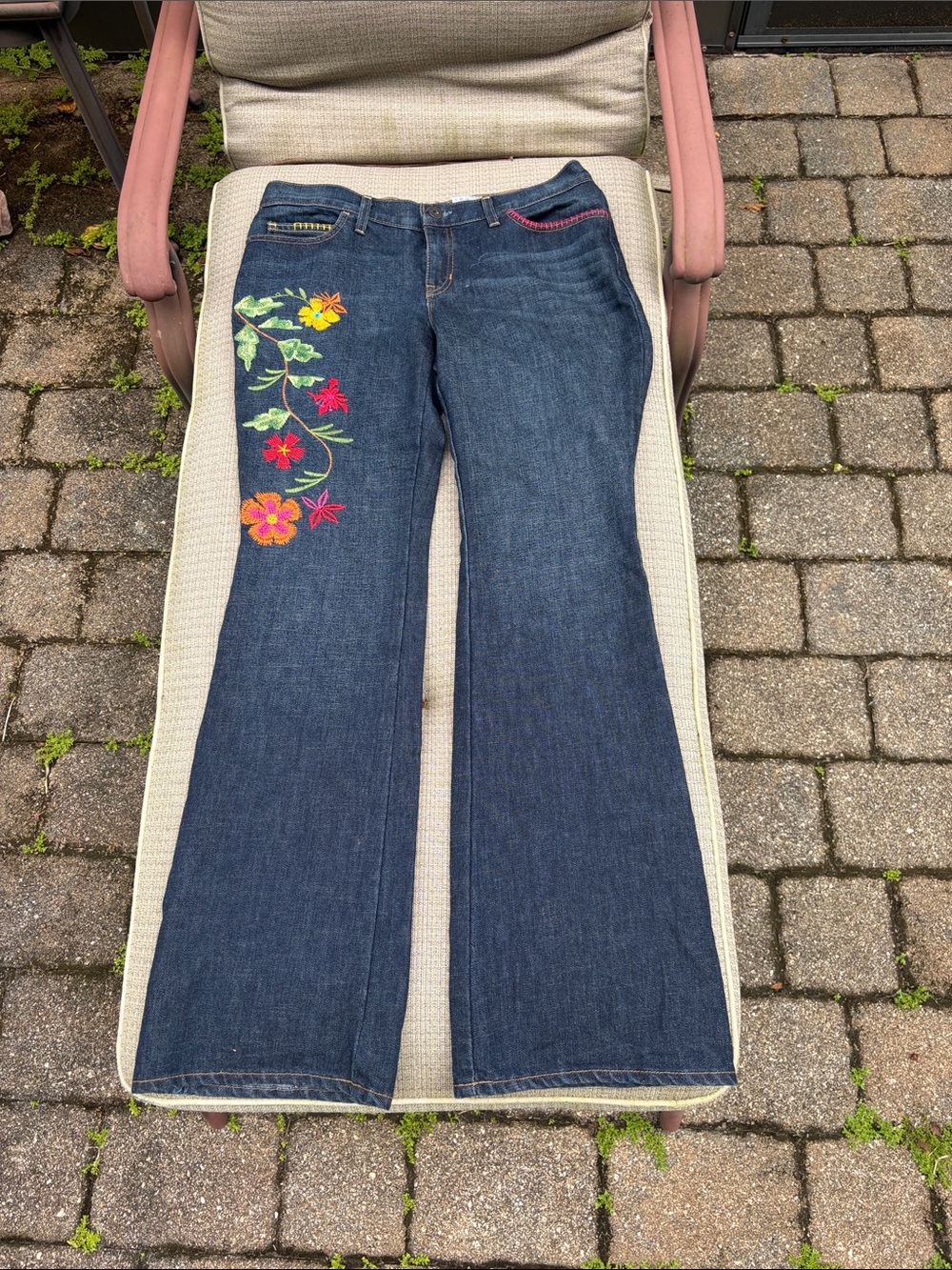 GAP Dark Blue Flare Jeans with Colorful Floral Embroidery, Size 10